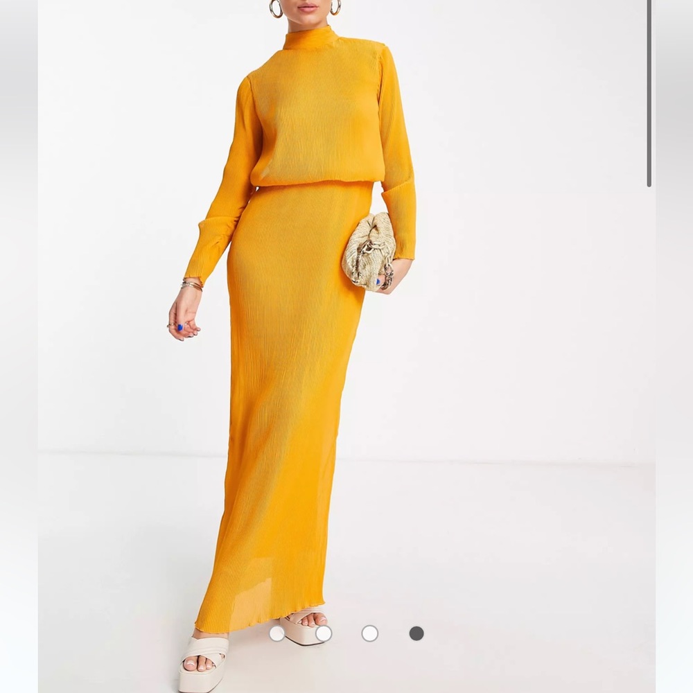 High Neck Chiffon Plisse Maxi Orange Dress (New)